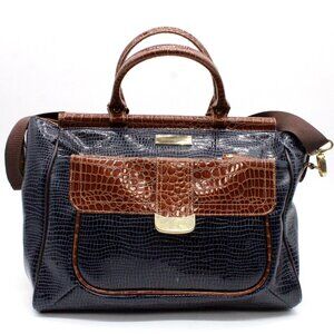 Samantha Brown Dowel Travel Bag Croc Embossed BLUE Brown Weekender Carry On VTG